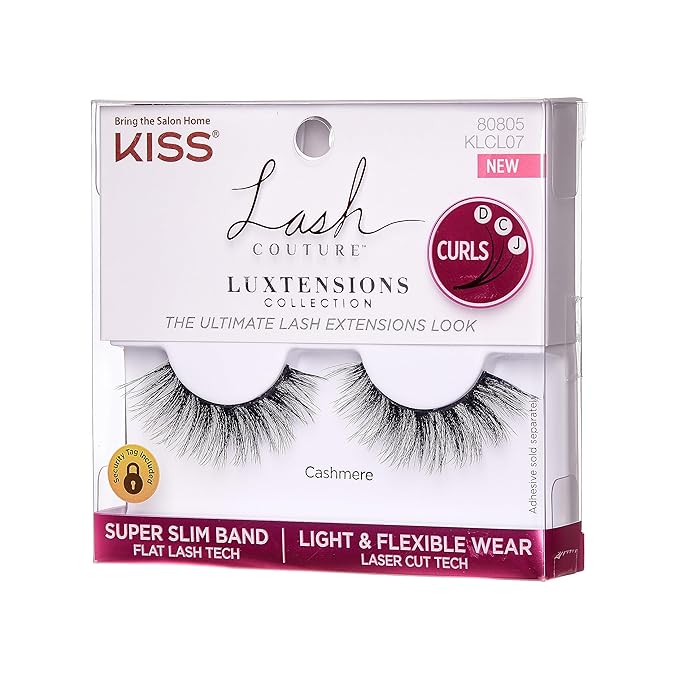 KISS Lash Couture LuXtensions Collection False Eyelashes, Flat Lash Technology, Super Slim Lash Band, Real Lash Extension Fibers, Reusable, Contact Lens Friendly Strip Lashes, Style 'Cashmere', 1 Pair