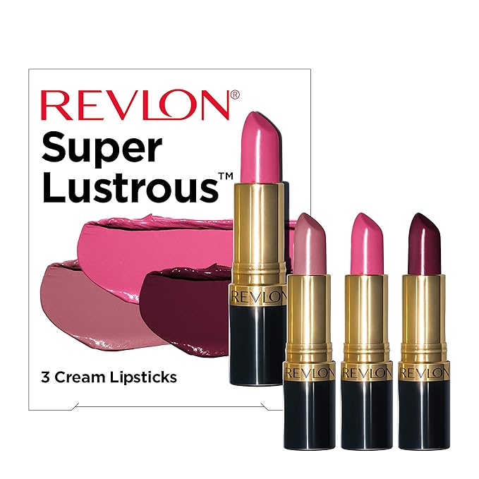 Revlon Super Lustrous 3-Piece Lipstick Gift Set, High Impact, Moisturizing, Cream Finish, 764 On The Mauve, 778 Pink Promise, 477 Black Cherry, 0.45 Oz
