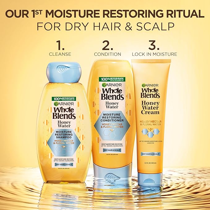 Garnier Whole Blends Honey Water Moisture Restoring Shampoo, Hair Care for Dry Hair and Dry Scalp with Honey Nectar and Floral Water, 28 Fl Oz