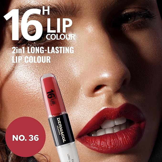 Dermacol NEW 16-Hour Lip Colour, Highly Pigmented Glossy Lip Stain, Two-Phase Lip Plumper Gloss, Kissproof Lip Makeup Products with Matte and Glitter Finish, n. 36