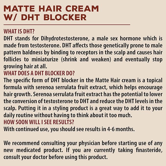 Suavecito Pomade Matte Hair Cream With DHT Blocker For Hair Regrowth - Low Shine Light Hold For Styling Thinning Hair To Look Thick & Full With Volume