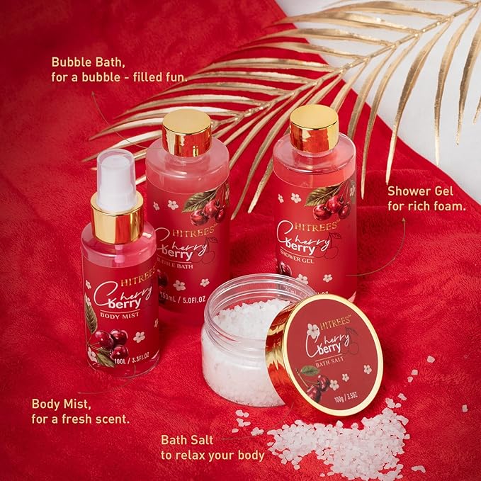 Spa Gifts for Women, Cherry & Berry Spa Gift Set for Teenage Tote Bag, Shower Gel, Hand & Body Lotion, Hitrees Birthday for Best Friend Woman, Mom, Mothers Day