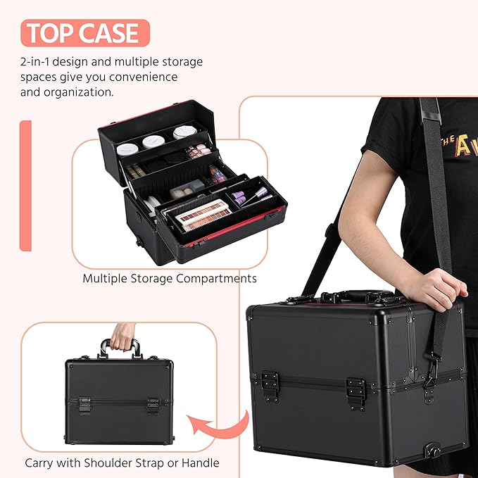 Yaheetech Makeup Train Case 3 in 1 Professional Cosmetic Trolley Multi-Functional Organizers Large Storage Traveling Cart Trunk for Nail Tech - Black