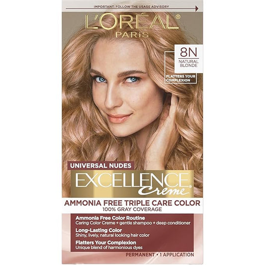 L’Oreal Paris Excellence Universal Nudes Permanent Hair Color, Ammonia Free Hair Dye for Gray Hair Coverage, 8N Natural Blonde, 1 Hair Dye Kit
