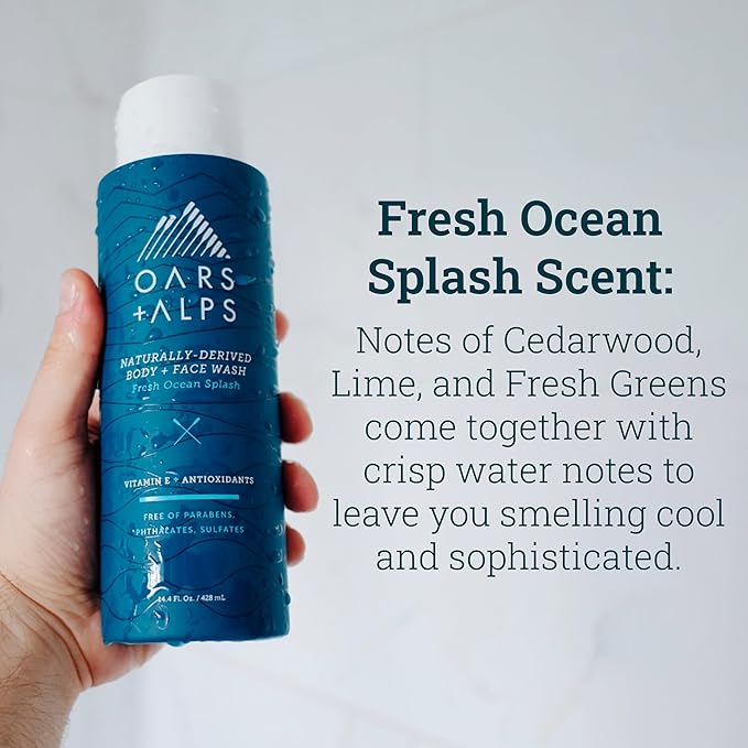 Oars + Alps Men's Moisturizing Body and Face Wash, Skin Care Infused with Vitamin E and Antioxidants, Sulfate Free, Fresh Ocean Splash, 1 Pack