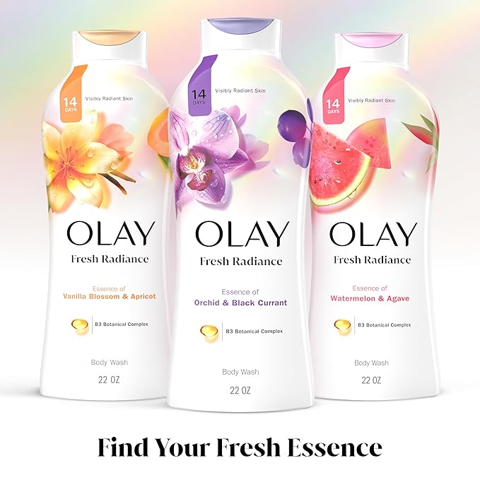 Olay Body Wash for Women, Fresh Radiance, Refreshing & Renewing, Made with Plant Based Cleansers, B3 Botanical Complex, For All Skin Types, Orchid & Black Currant Scent, 22 fl oz (Pack of 4)
