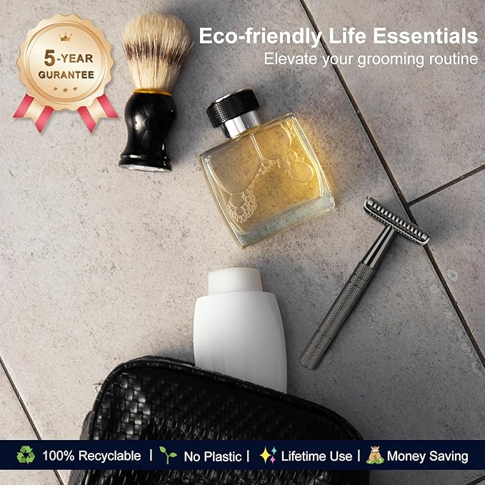 Black Safety Razor, Single Blade Razors for Men, with 10 Double Edge Blades, Long and Heavy Duty Stainless Steel Handle, Reusable Metal Eco-Friendly Razor, Plastic Free, Smooth Shave