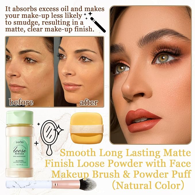 Lightweight Setting Powder,Waterproof Oil Control Translucent Face Powder,Smooth Puff(Natural Color)