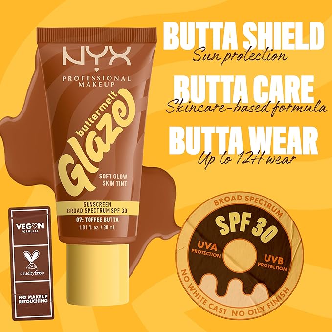 NYX PROFESSIONAL MAKEUP Buttermelt Glaze Soft Glow Skin Tint + SPF 30, Up To 12HR Wear, 07 Toffee Butta