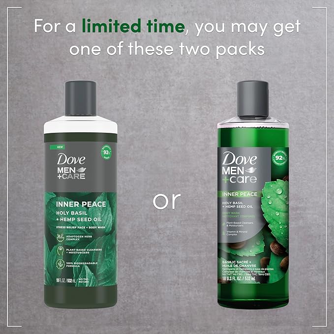 Dove Men+Care Body Wash Holy Basil + Hemp Seed Oil 4 Count to Rebuild Skin in the Shower with Plant-Based Cleansers and Moisturizers 18 oz