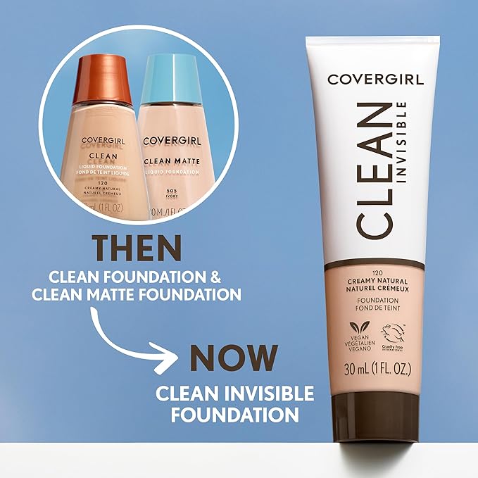 COVERGIRL Clean Invisible Foundation Makeup, Dewy & Glowy Natural Finish, Buildable Coverage, Skin-Like Smooth Look, Vegan, Tawny, 1oz