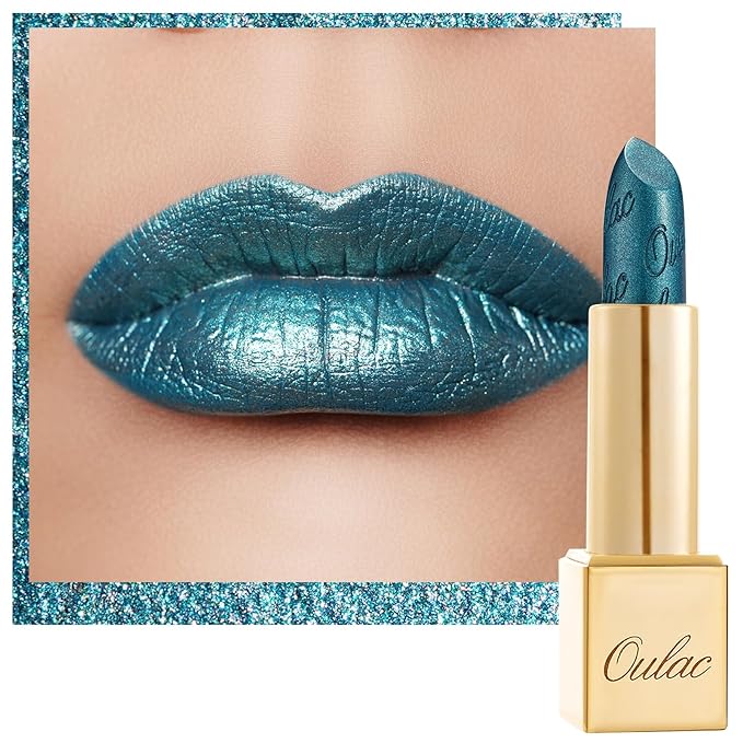 Oulac Metallic Green Lipstick for Women with Metallic 3D Shine, Lightweight Hydrating Formula, High-Impact Lip Color, Vegan Beauty, Full Coverage Lip Makeup, Turquoise (20)