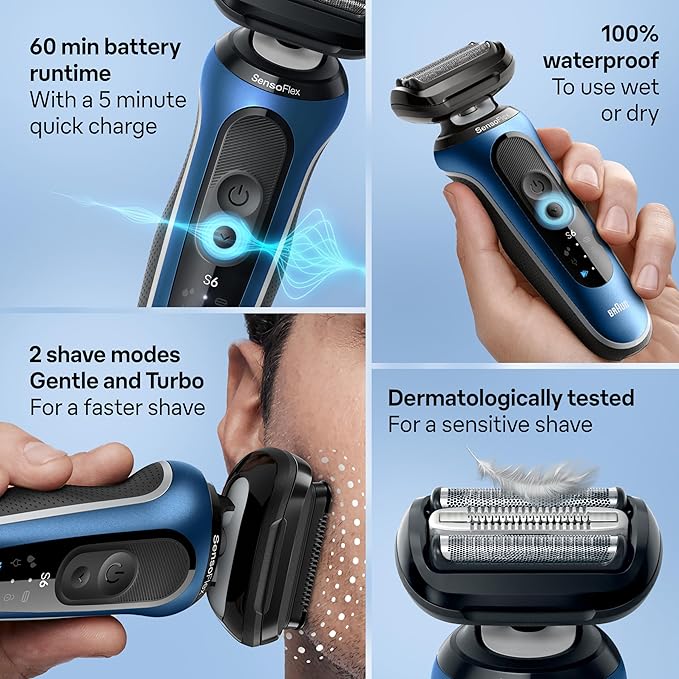 Braun Electric Shaver for Men, Series 6 6177cc, Wet & Dry Shave, Turbo & Gentle Shaving Modes, Foil Shaver, Blue