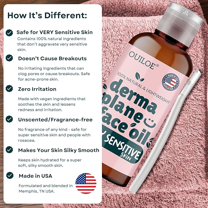 Dermaplane Oil for Women with Very Sensitive Skin - Lightweight Face Shaving Oil, Natural Facial Shave Oil - Use with a Dermaplaning Tool, Razor, Shaver or Microblade for Close Shave 4oz by Ouiloe