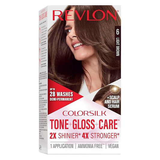 Revlon ColorSilk Tone + Gloss + Care Demi Permanent Hair Color, Dye Kit with Leave-In Scalp and Haircare Serum, 2x Shinier, 4x Stronger, 6 Light Brown, 4.5 fl oz