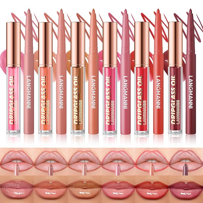 Jolilab Matte Lip Liner Lip Oil Set, Lip Makeup Set Natural Smooth Long-Lasting And Hydrating Beauty Daily Cosmetics Gift for Girls Easy-to-Use(12pcs)