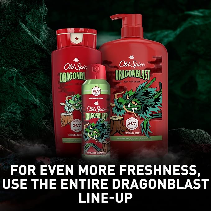 Old Spice Cleansing Body Wash for Men, 3X Defense, 24/7 Shower Fresh with Lasting Scent, 2-in-1 Body & Face Wash, Dragonblast Scent, 24 oz (Pack of 4)