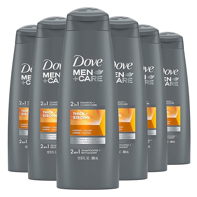 DOVE MEN + CARE Fortifying 2 in 1 Shampoo and Conditioner for Resilient and Thicker Hair Thick and Strong with Caffeine Helps Strengthen Thinning Hair 12 oz, Pack of 6