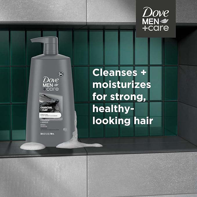 DOVE MEN + CARE Shampoo Charcoal + Clay 3 Count For Healthy-Looking Hair Naturally Derived Plant Based Cleansers 25.4 oz