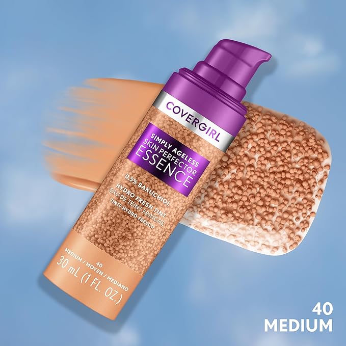Covergirl Simply Ageless Skin Perfector Essence Foundation, 40 Medium, Tinted Skin Perfector, Skincare Makeup Hybrid, Sheer Tint, Radiant Finish, Skin-Like Finish, Vegan Formula, 1.0oz