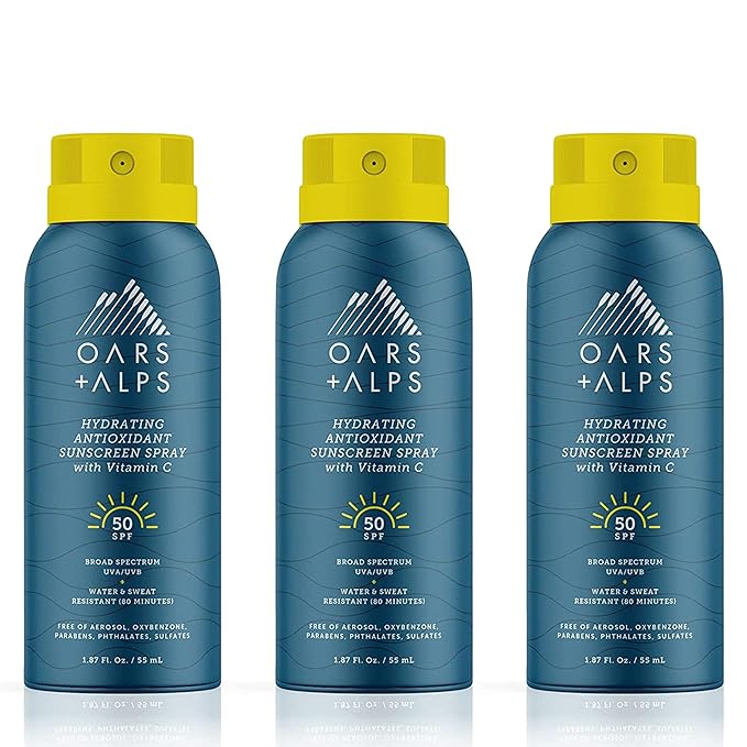 Oars + Alps Travel Sunscreen Spray for Face & Body, SPF 50 Spray Sunscreen Infused with Vitamin C & Antioxidants, No White Residue, Water & Sweat Resistant, Lightweight, Hydrating, 1.87oz, 3pk