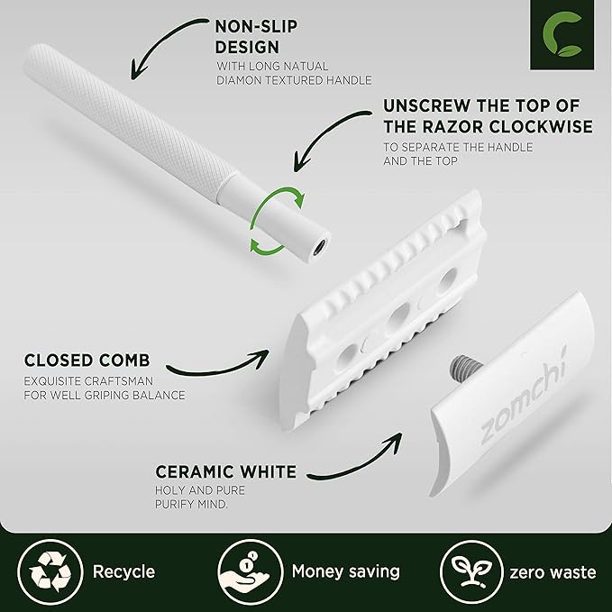 ZOMCHI Double Edge Safety Razor for Men & Women, Metal Razor with 5 Double Edge Safety Razor Blades, Single Blade Razor – White