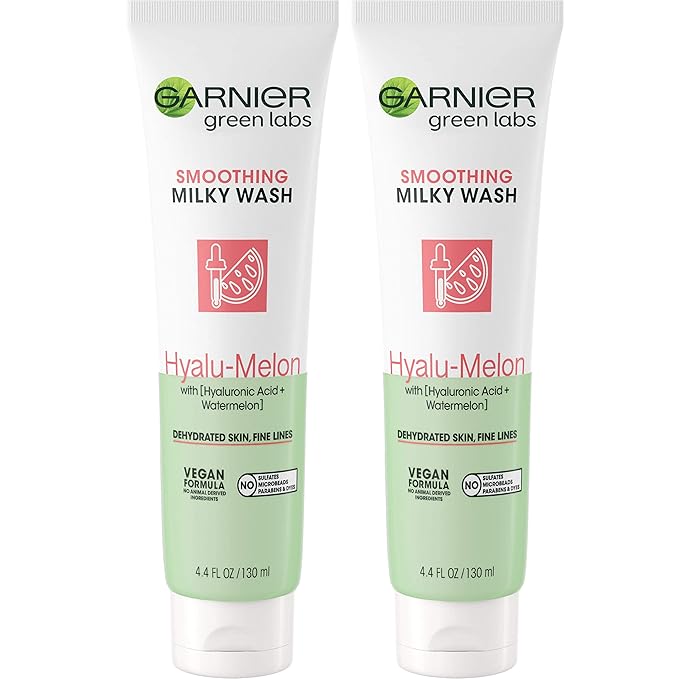Garnier SkinActive Green Labs Hyalu-Melon Smoothing Milky Washable Cleanser with Hyaluronic Acid + Watermelon for Dehydrated Skin, Fine Lines, 2 Count (Packaging May Vary)