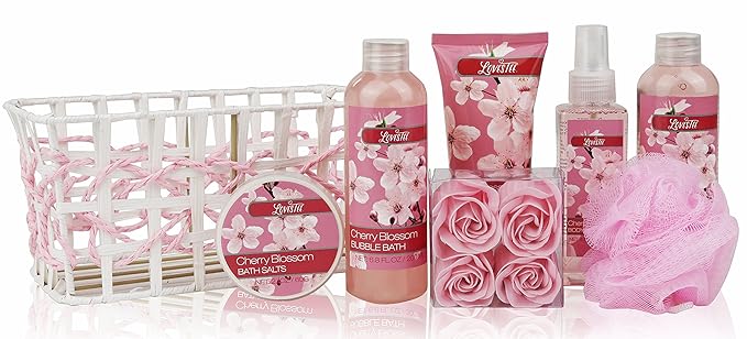 Spa Bath and Body - Spa Gift Baskets for Women & Girls, Cherry Fragrance, Spa Birthday Gift Includes Loofah Sponge, Bath Salt, Body Lotion, Soap Rose, Body Mist, Shower Gel Bubble Bath