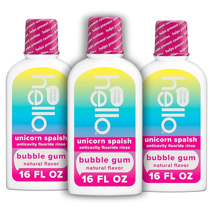 Hello Kids Mouthwash with Unicorn Bubble Gum Flavor, Alcohol Free Mouthwash for Kids with Fluoride, Safe for Ages 6 and Up, Anticavity, Vegan, No Alcohol, No Dyes, 16 Oz Bottles (Pack of 3)