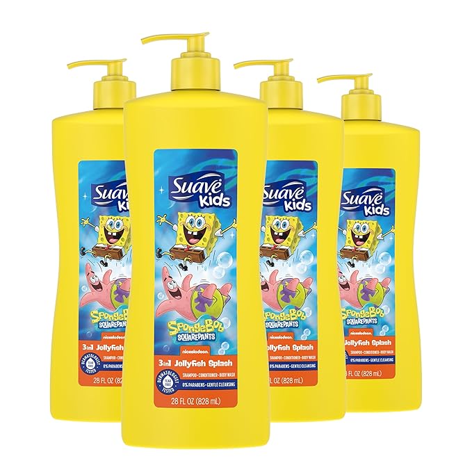 Suave Kids 3-in-1 Spongebob, Tear Free, Body Wash, Shampoo and Conditioners, Dermatologist Tested, 28 Oz Pack of 4