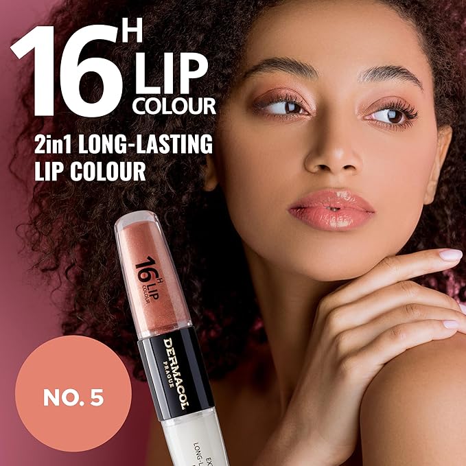 Dermacol NEW 16-Hour Lip Colour, Highly Pigmented Glossy Lip Stain, Two-Phase Lip Plumper Gloss, Kissproof Lip Makeup Products with Matte and Glitter Finish, n.5