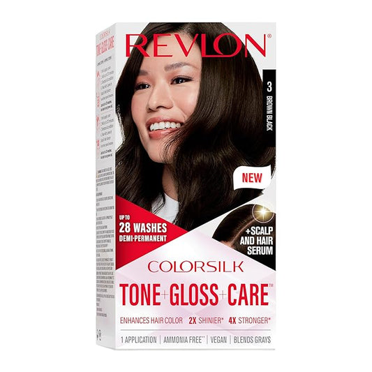 Revlon ColorSilk Tone + Gloss + Care Demi Permanent Hair Color, Dye Kit with Leave-In Scalp and Haircare Serum, 2x Shinier, 4x Stronger, 3 Brown Black, 4.5 fl oz