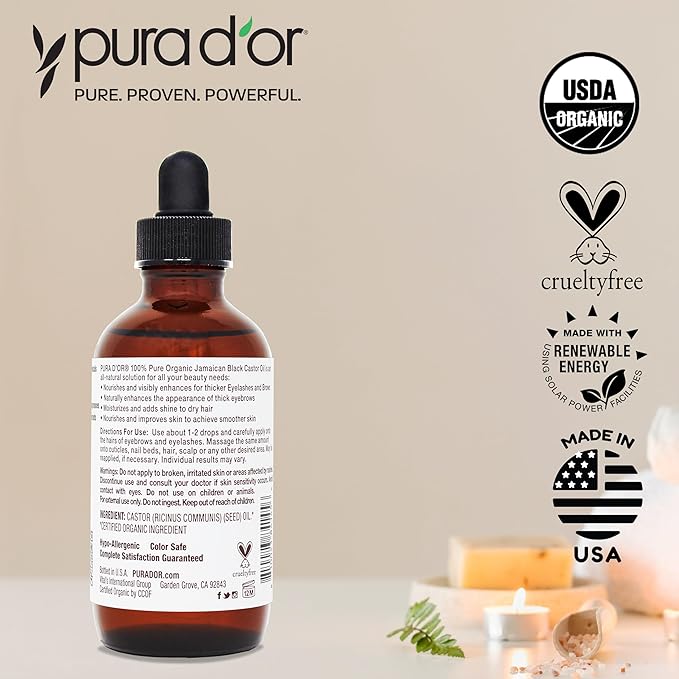 PURA D'OR 4 Oz ORGANIC Jamaican Black Castor Oil - Natural Smoky Scent - w/ 2 BONUS Empty Brushes - 100% Pure USDA Certified Cold Pressed & Roasted, Hexane Free Eyelash & Eyebrow Serum