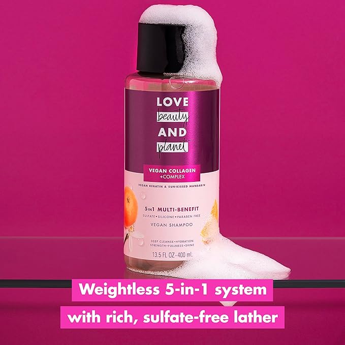 Love Beauty and Planet 5-in-1 Multi-Benefit Shampoo Vegan Keratin Collagen & Sun-Kissed Mandarin for a Deep Cleanse, Hydration, Strength, Fullness & Shine, 13.5 oz