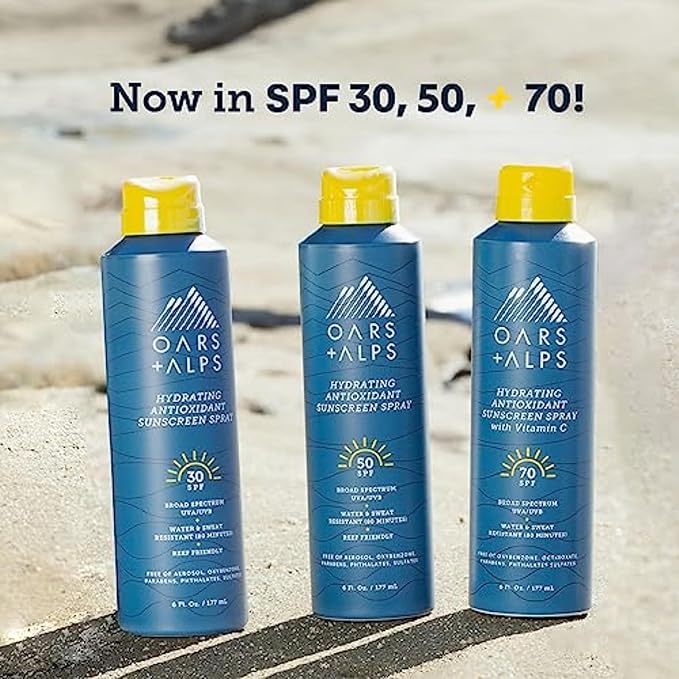 Oars + Alps Sunscreen Spray for Face & Body, SPF 50 Spray Sunscreen Infused with Vitamin C & Antioxidants, No White Residue, Water & Sweat Resistant, All Skin Types, Lightweight, Hydrating, 6oz, 2pk