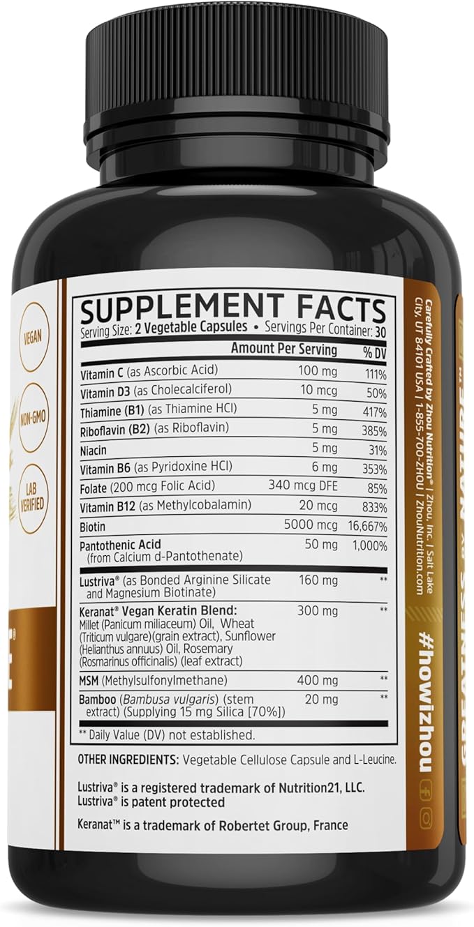 Zhou Hairfluence - Vegan Biotin Supplement for Hair Growth for Men & Women, Supports Stronger, Healthier Hair, Nails, & Glowing Skin with B Vitamin Complex - 60 Veggie Capsules (Pack of 1)