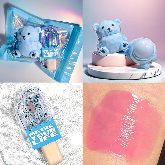 Bear Moisturizing Lip Balm & Lip Gloss Set - Oil Infused, Long-Lasting Lipstick & Gloss for Smooth Lips hydrating lip glow oil, Transparent Lip Oil Tinted, Reduce lip lines (Blue suit, 1)