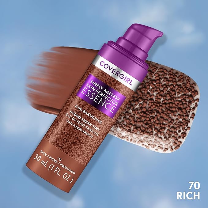 Covergirl Simply Ageless Skin Perfector Essence Foundation, 70 Rich, Tinted Skin Perfector, Skincare Makeup Hybrid, Sheer Tint, Radiant Finish, Skin-Like Finish, Vegan Formula, 1.0oz