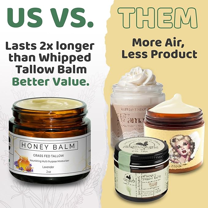Tallow and Honey Balm, Organic Body Butter, Grass-Fed Beef Tallow for Skin, Soothing All-Natural Moisturizer for Body and Face | Made in USA - 2 oz (Lavender)