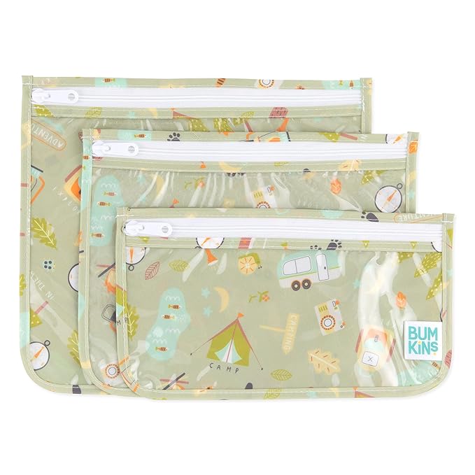 Bumkins Travel Bag, Toiletry, TSA Approved Pouch, Zip Bag, Quart Size Airline Compliant, Clear-Sided, Baby, Diaper Bag Organization, Makeup, Accessories, Packing, Set of 3 Sizes, Camp Gear Green