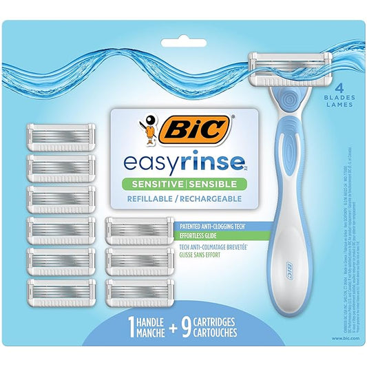 BIC EasyRinse Sensitive Anti-Clogging, Refillable Women's Razors With 4 Blades, 1 Handle and 9 Refill Razor Cartridges Razor Kit