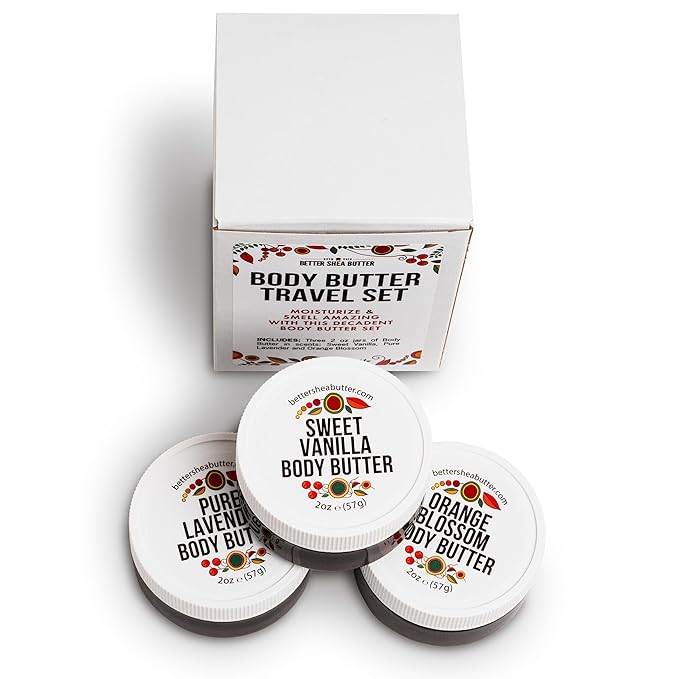 Travel Size Body Butter Set w/Orange Blossom, Lavender & Sweet Vanilla Body Creams - TSA Approved Travel Size Products, Mini Purse Essentials Items Women - Travel Lotion 3x2oz Jars