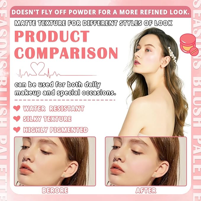 4 Colors Blush Palette for Cheeks - Face Matte Contour Makeup Palette, Buildable Shimmer Facial Cheek Blusher Shades, Blendable Cosmetic With Brush 02