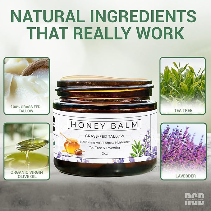 Tallow and Honey Balm, Organic Body Butter, Grass-Fed Beef Tallow for Skin, Soothing All-Natural Moisturizer for Body and Face | Made in USA - 2 oz (Tea Tree & Lavender)