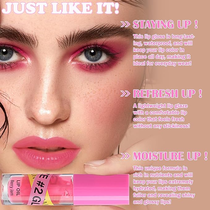 Lip Gloss Oil Set-2 Colors Hydrating Tinted Lipgloss Lip Glow Oil,Non-sticky Shiny and Vegan Lip Glaze, Glitter Crystal Jelly Lip Glaze,Women's Day Makeup Gift Kit for Women Girl-Set D