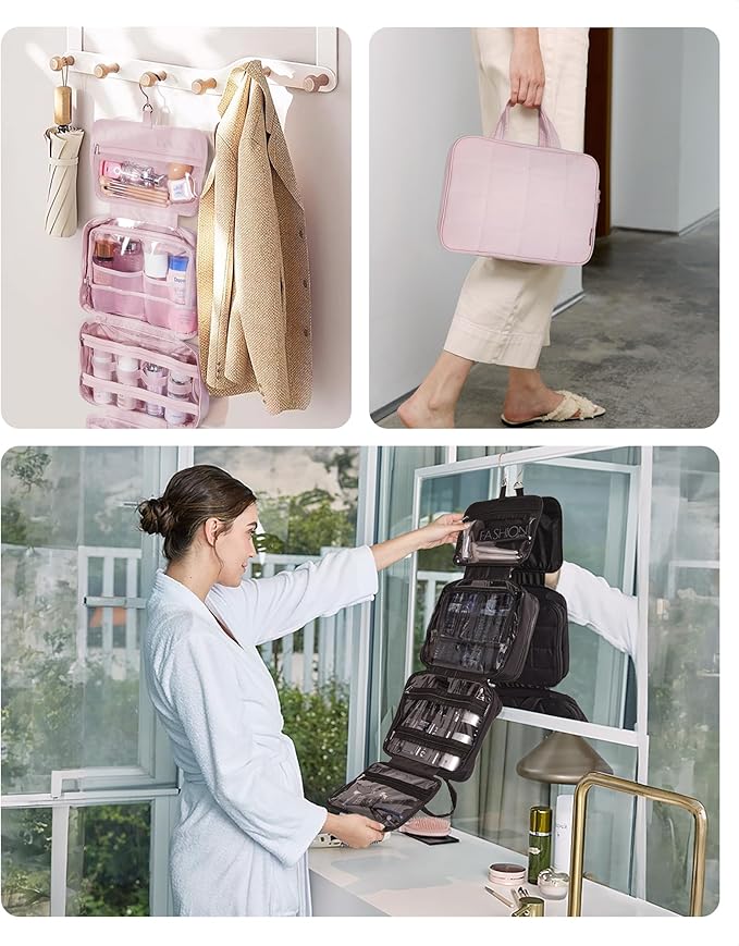 BAGSMART Travel Toiletry Bag with Jewelry Organizer, Hanging Travel Bag for Toiletries, Puffy Makeup Cosmetic Bag Organizer, Carry-on Travel Accessories Essentials, Dark Pink-L