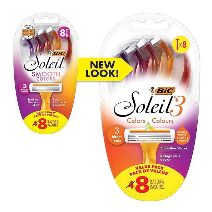 BIC Soleil Smooth Colors Women's Disposable 3 Blade Razors, Vibrant Handles and Moisture Strip, 8-Pack