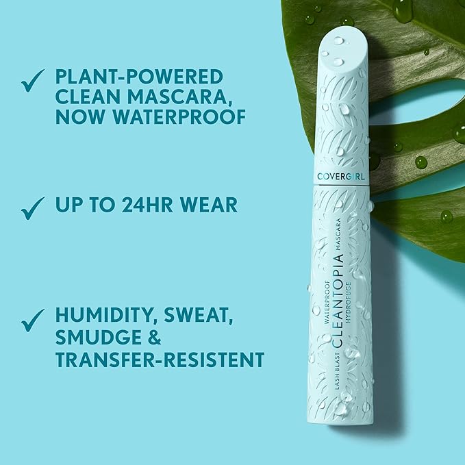 CoverGirl Lash Blast Cleantopia, Waterproof Mascara, Aloe Leaf Extract, Vitamin E & Ceramide, Gentle Formula, Volumizing, Long-Wearing, Transfer-Proof, Black/Brown, 1 Count
