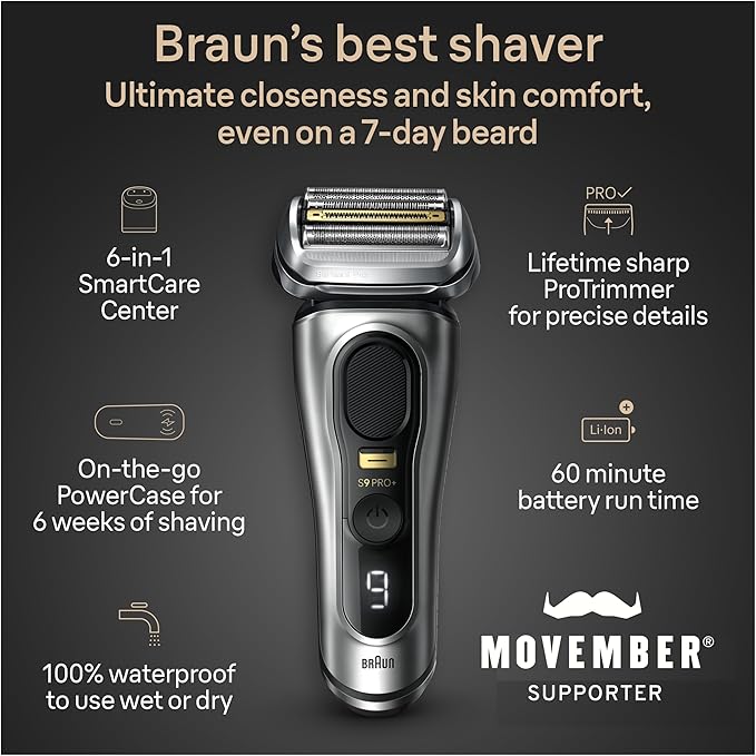 Braun Series 9 PRO+ 9577cc Electric Razor for Men, 5 Pro Shave Elements & Precision Long Hair Trimmer, 6in1 SmartCare Center, PowerCase for Mobile Charging, Wet & Dry, 60min Battery Runtime
