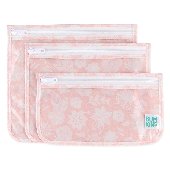 Bumkins Travel Bag, Toiletry, TSA Approved Pouch, Zip Bag, Quart Size Airline Compliant, Clear-Sided, Baby, Diaper Bag Organization, Makeup, Accessories, Packing, Set of 3 Sizes, Floral Gray